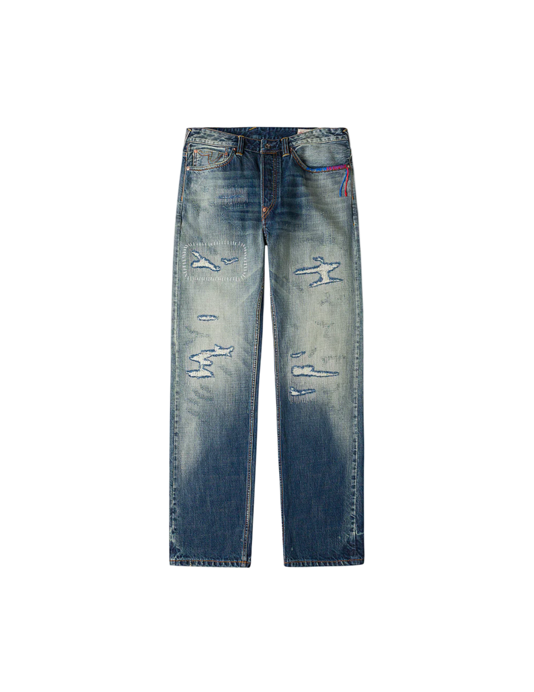 Evisu Jeans a 7 tasche con ricamo del gabbiano, lavaggio effetto vintage – Modello #2020