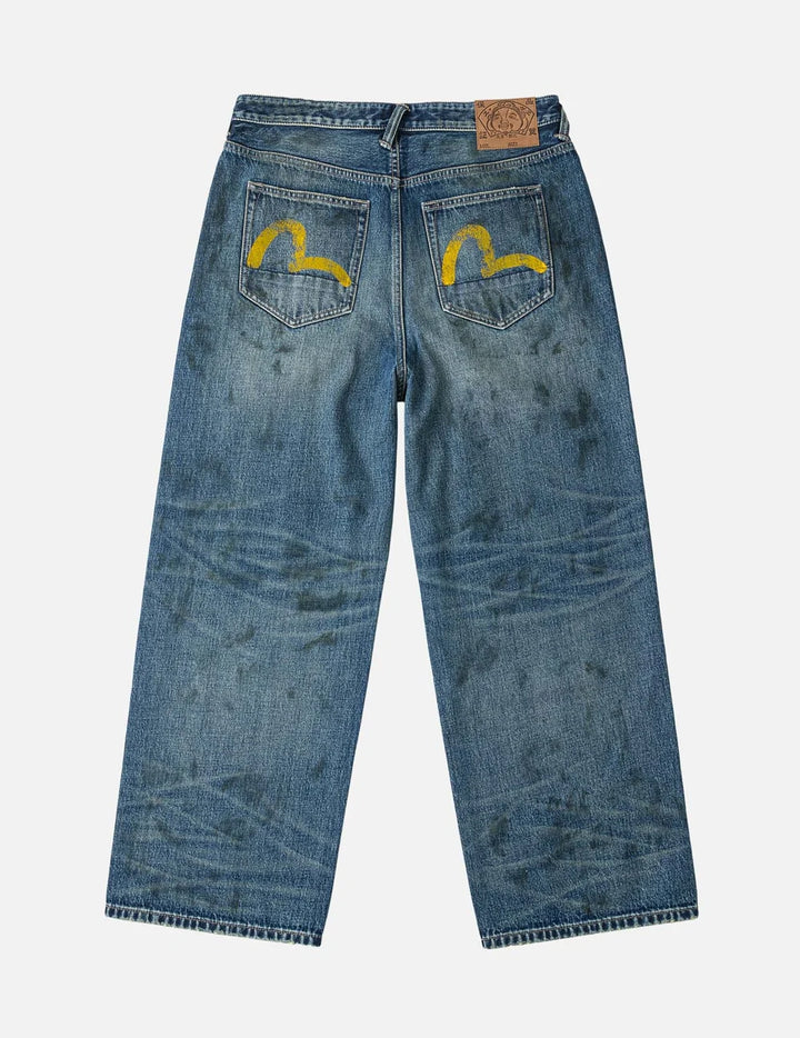 Oil Stain Evisu Logo Loose Fit Jeans
