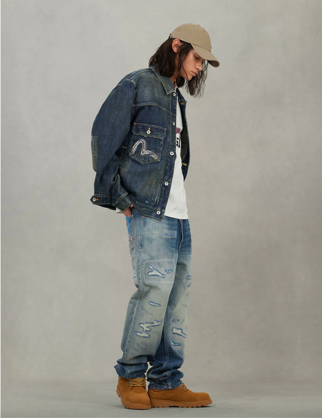 Evisu Jeans a 7 tasche con ricamo del gabbiano, lavaggio effetto vintage – Modello #2020