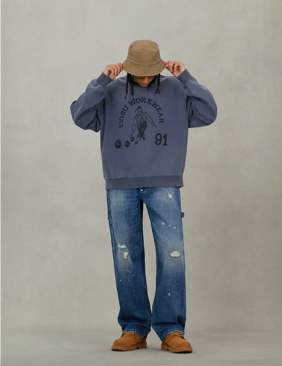 Evisu Jeans con Stampa Daicock Effetto Lavato e Distressed