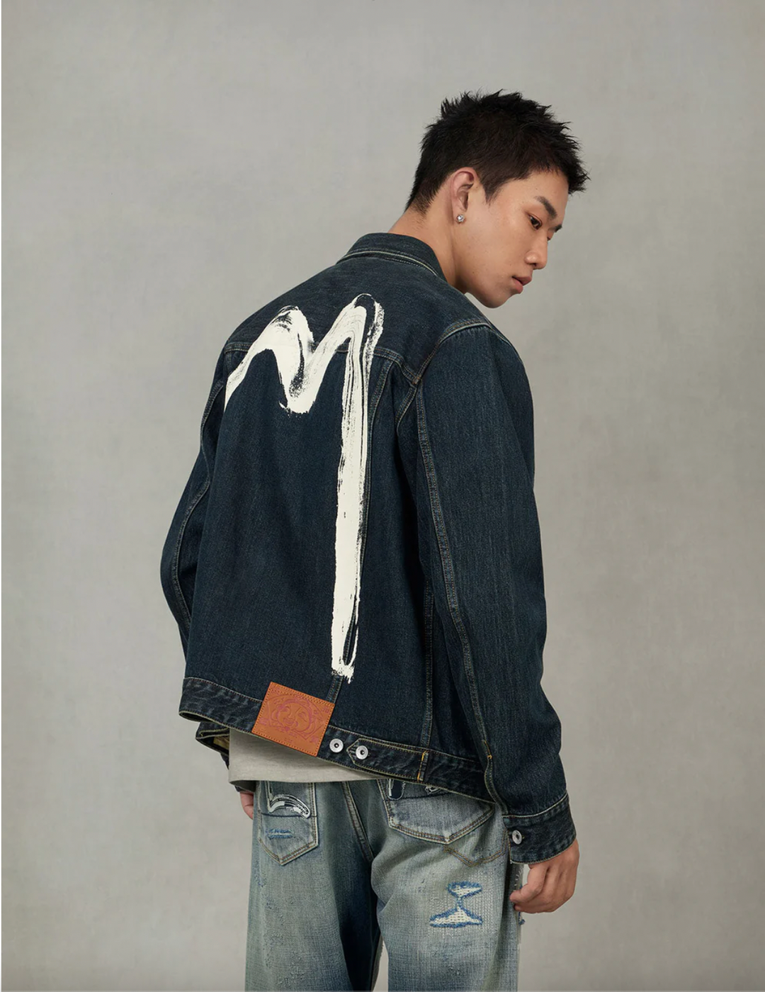 Evisu Giacca in Denim con Stampa Daicock e Pennellata